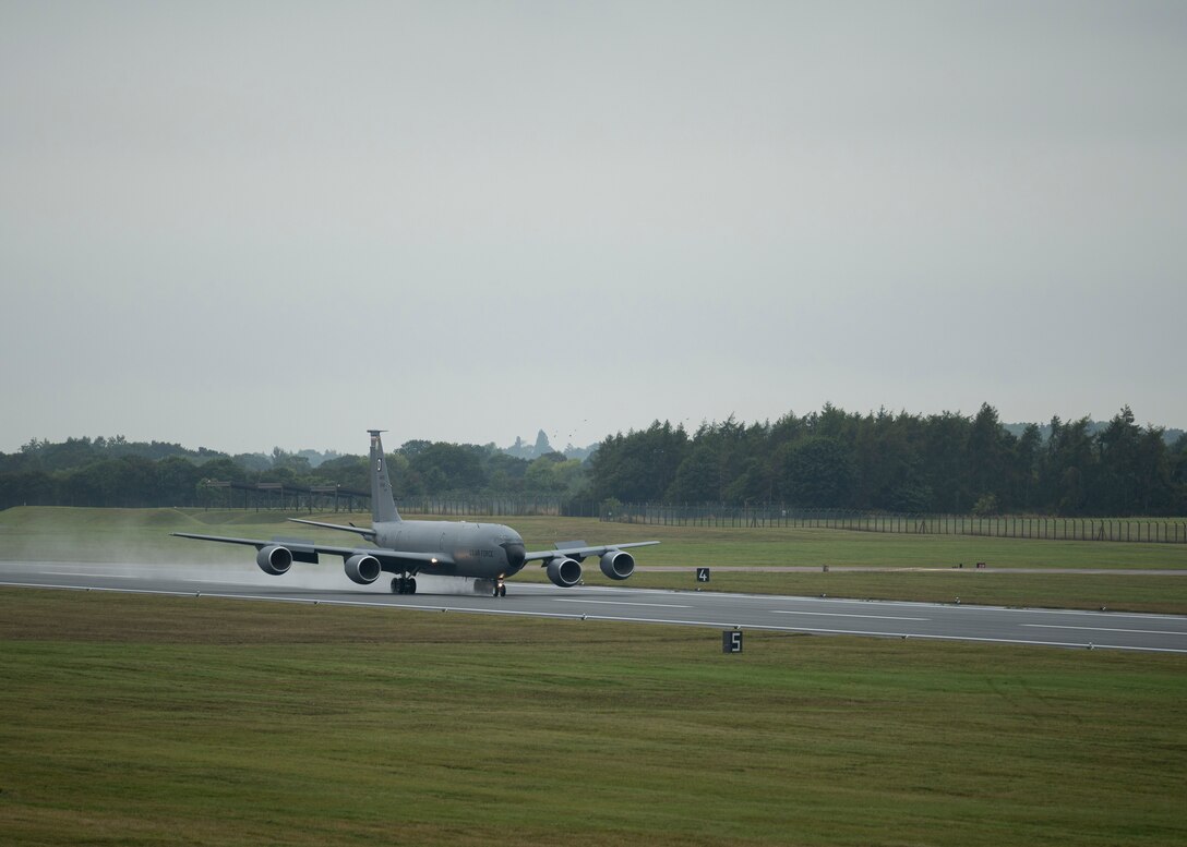 A U.S. Air Force KC-135 Stratotanker assigned to the 100th Air Refueling Wing at Royal Air Force Mildenhall lands at RAF Fairford, Sept. 14, 2021.