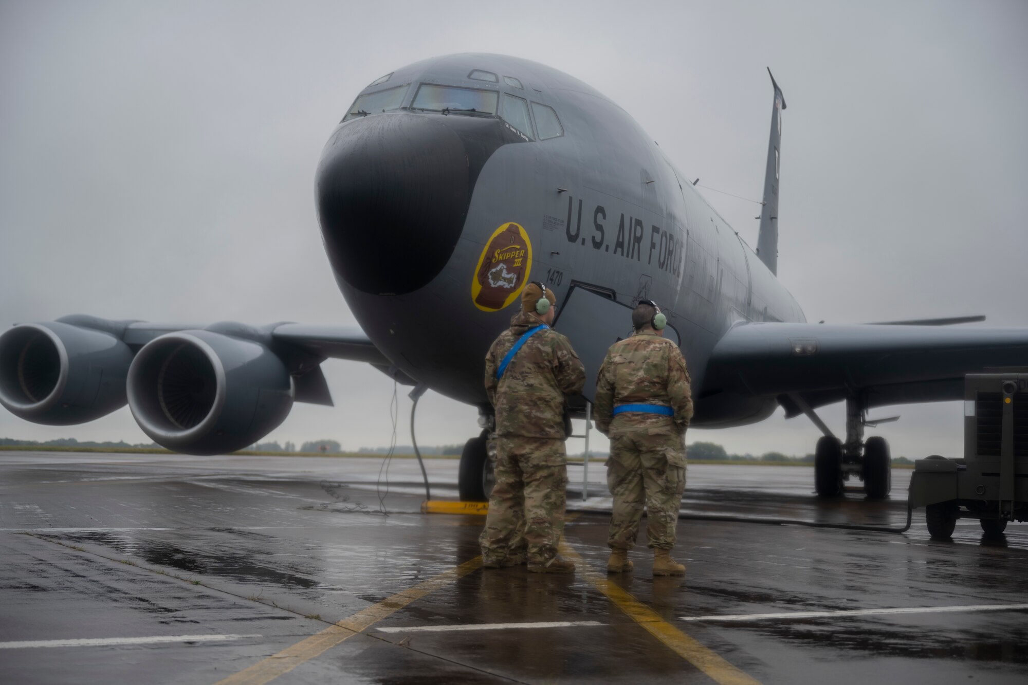 U.S. Air Force Airmen assigned to the 100th Air Refueling Wing, Royal Air Force Mildenhall, England, perform pre-flight procedures on the KC-135 Stratotanker during exercise High Life on RAF Fairford, England, Sept. 14, 2021.