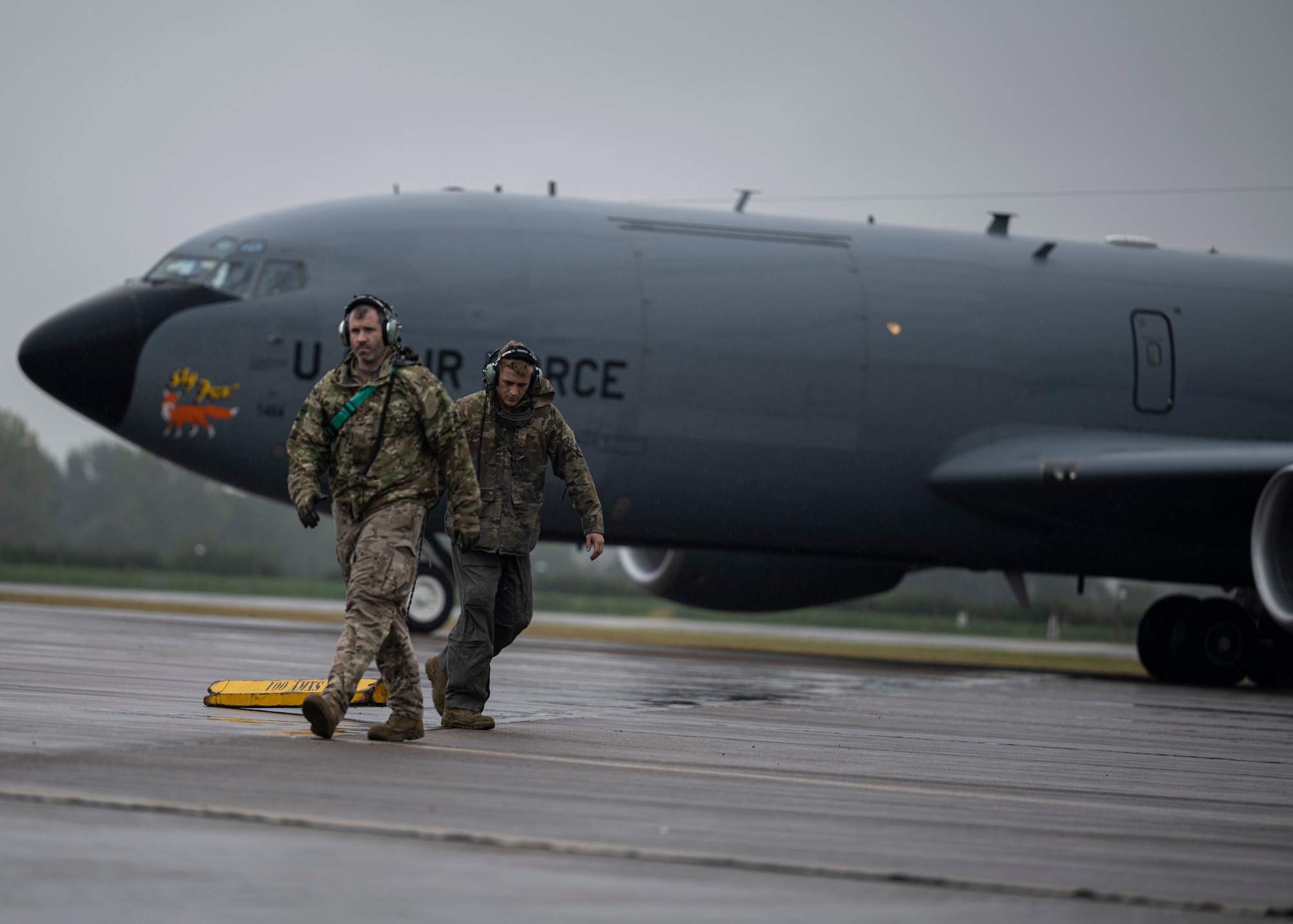 U.S. Air Force Airmen assigned to the 100th Air Refueling Wing, Royal Air Force Mildenhall, England, prepare to launch a KC-135 Stratotanker aircraft during exercise High Life at RAF Fairford, England, Sept. 14, 2021.