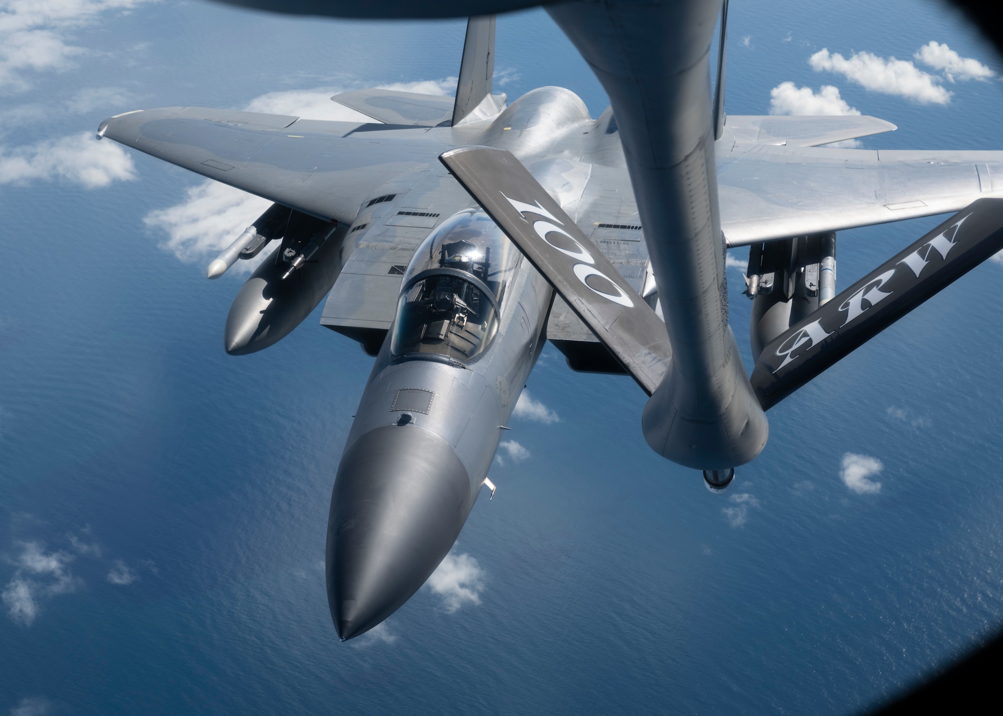 A U.S. Air Force F-15C Eagle aircraft assigned to the 48th Fighter Wing, Royal Air Force Lakenheath, England, prepares to receive fuel from a KC-135 Stratotanker aircraft assigned to the 100th Air Refueling Wing, RAF Mildenhall, England, during exercise High Life over the North Sea, Sept. 13, 2021.