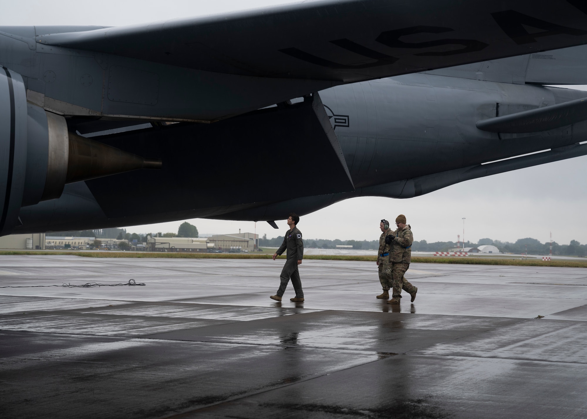 U.S. Air Force Airmen assigned to the 100th Air Refueling Air Wing, Royal Air Force Mildenhall, England, perform a preflight walk-around of a KC-135 Stratotanker aircraft during exercise High Life at RAF Fairford, England. Agility, deterrence, and resiliency are essential to defense and operational capability in a contested environment.