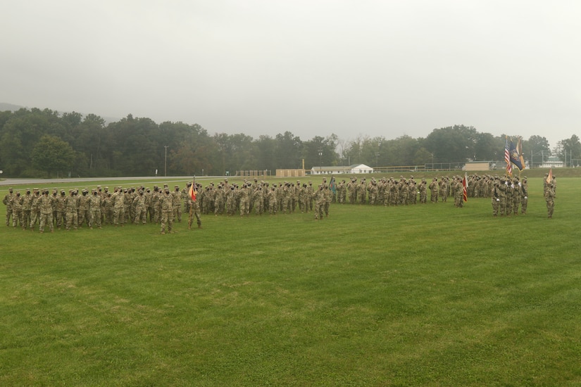Soldiers with the 213th Regional Support Group gathered at Strickler Field on Fort Indiantown Gap Sept. 17 to witness the transfer responsibility from Command Sgt. Maj. Andrew Campbell to Command Sgt. Maj. Marc Weiss in a traditional ceremony. (U.S. Army National Guard photo by Staff Sgt. Zane Craig)