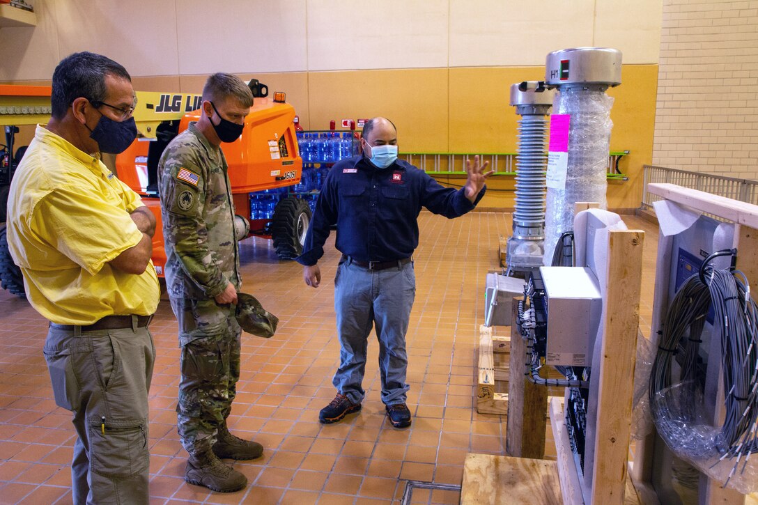 Maurice Williams (right), Power Project Manager for the St. Stephen Powerhouse, explains to Lt. Col. Andrew Johannes, commander for the U.S. Army Corps of Engineers Charleston District, about new equipment that will be installed at the hydroelectric plant.  Johannes made his first visit to St. Stephen since taking command of the district in July.