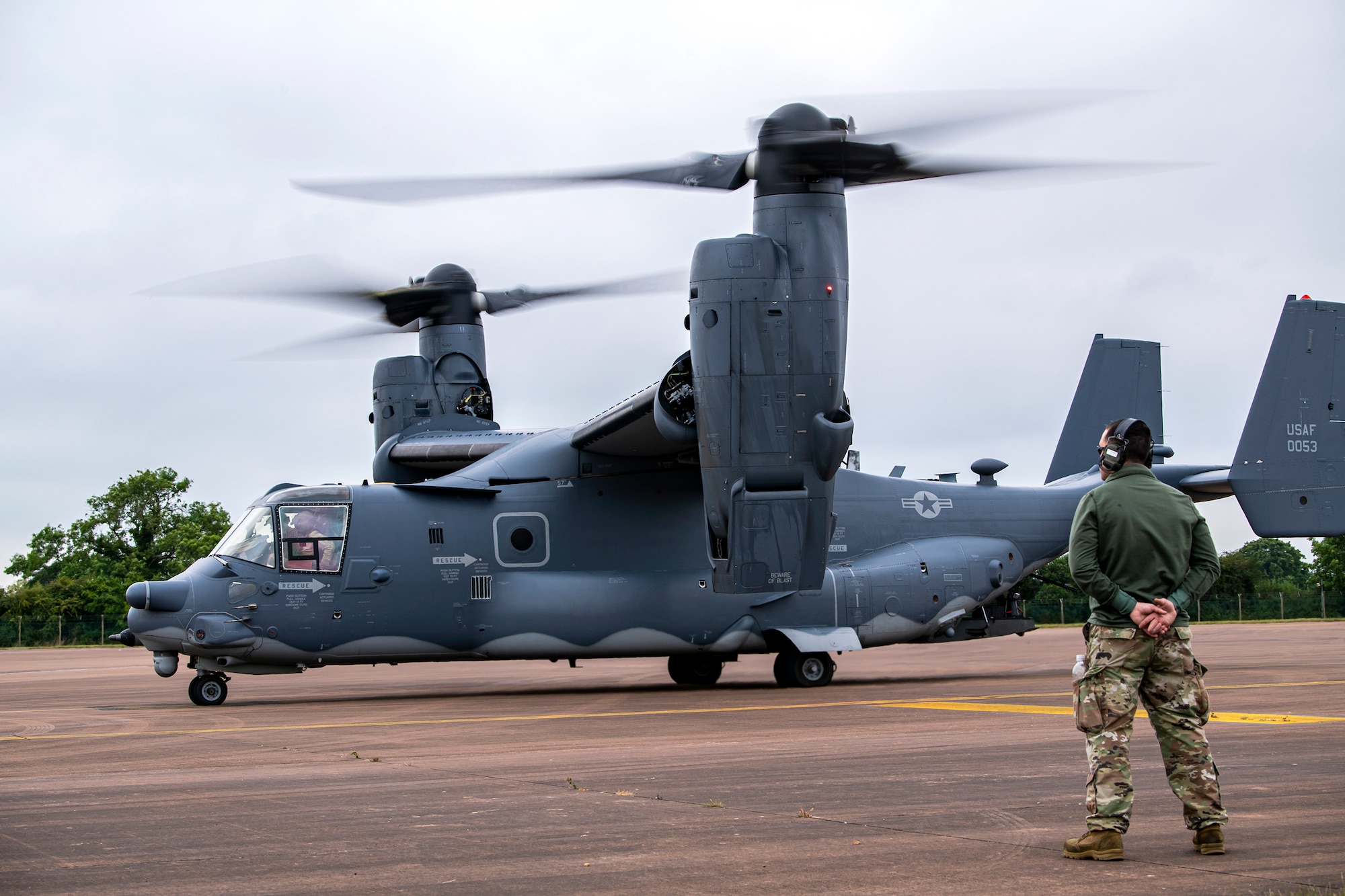 A CV-22A Osprey assigned to the 352d Special Operations Wing prepares to take off during an Agile Combat Employment exercise at RAF Fairford, England, Sept. 13, 2021. Airmen from the 501st Combat Support Wing, 100th Air Refueling Wing and 352d SOW partnered to conduct an ACE exercise to test their overall readiness and lethality capabilities. The exercise enables U.S. forces in Europe to operate from locations with varying levels of capacity and support. (U.S. Air Force photo by Senior Airman Eugene Oliver)