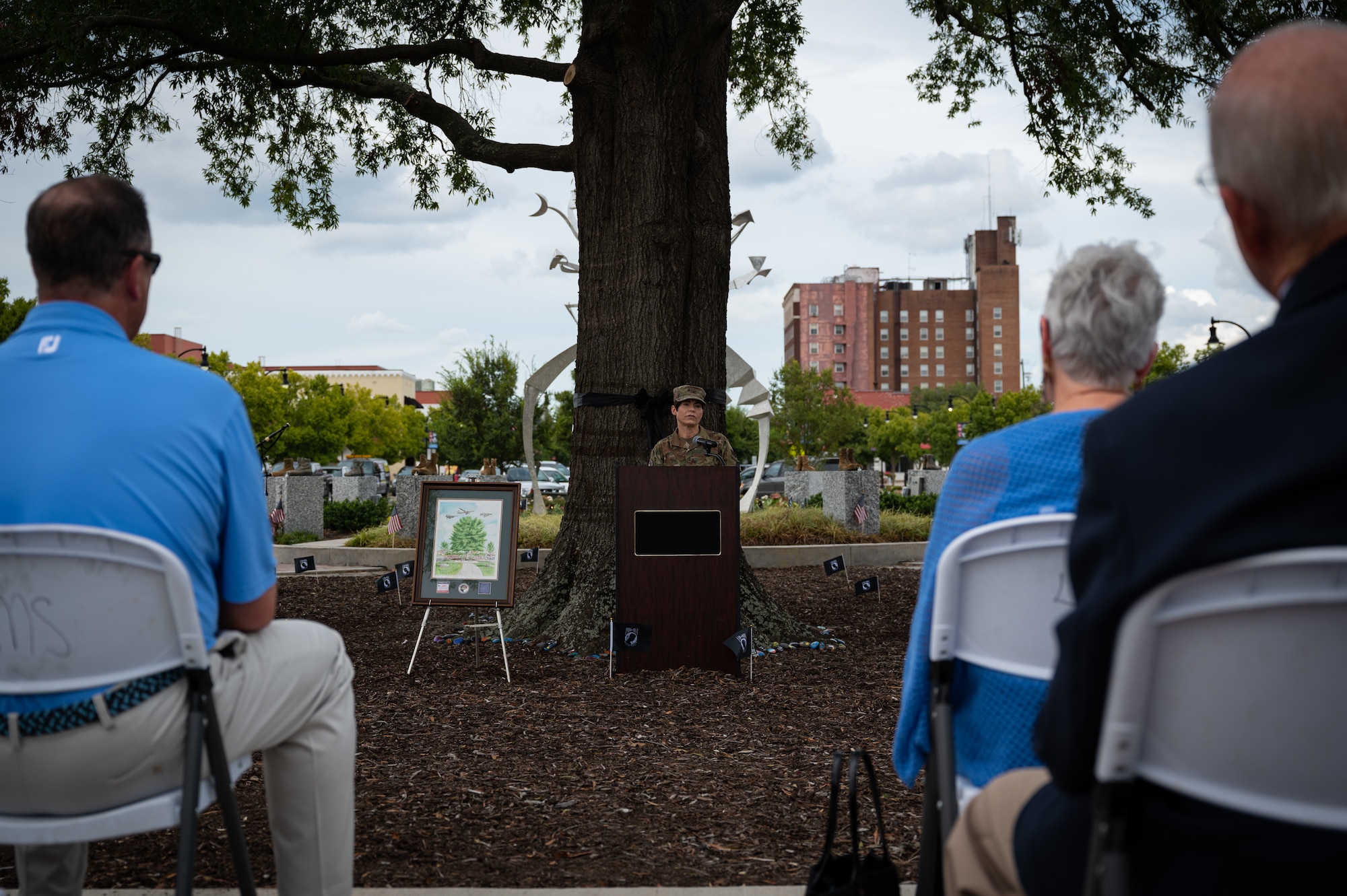 Col. Tammy McElhaney, 4th Mission Support Group commander, speaks during the Freedom Tree Rededication Ceremony in Goldsboro, North Carolina, Sept. 16, 2021. The Freedom Tree was originally dedicated in honor of Capt. Peter Cleary, a Goldsboro native and POW/MIA, in 1973 after he went missing on a combat mission. (U.S. Air Force photo by Senior Airman David Lynn)