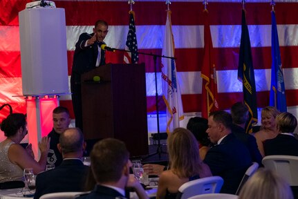 U.S. Air Force Col. Marc Greene, the 628th Air Base Wing and Joint Base Charleston commander, delivers opening remarks during the Air Force Ball at Patriot’s Point, Mount Pleasant, South Carolina, Sept. 17, 2021. Service members attended the ball aboard the USS YORKTOWN, tenth aircraft carrier to serve in the U.S. Navy until its decommissioning in 1970.