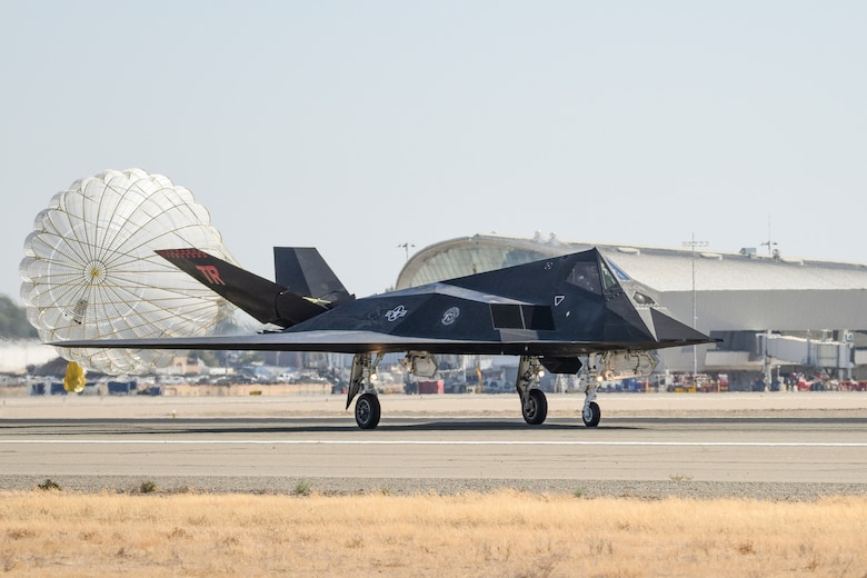F-117 Nighthawks are accompanied by F-15 Eagles on the flightline of the 144th Fighter Wing located at the Fresno Air National Guard Base, Calif. Sept. 15, 2021.