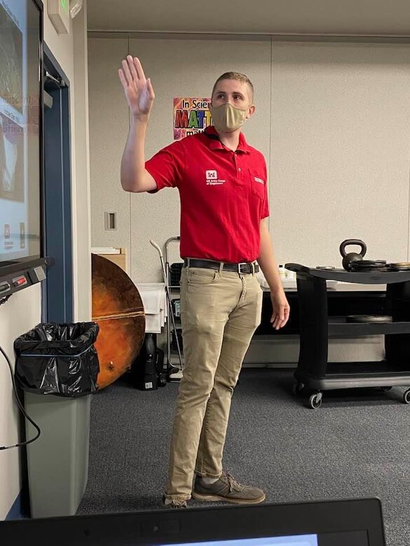 TAM's Garrison Myer presents Engineering for students attending the STARBASE Academy Winchester, on Sept. 20, 2021. About 20 4th grade students from John Kerr Elementary School in Winchester built bridges and enjoyed the weight-bearing competition afterwards.