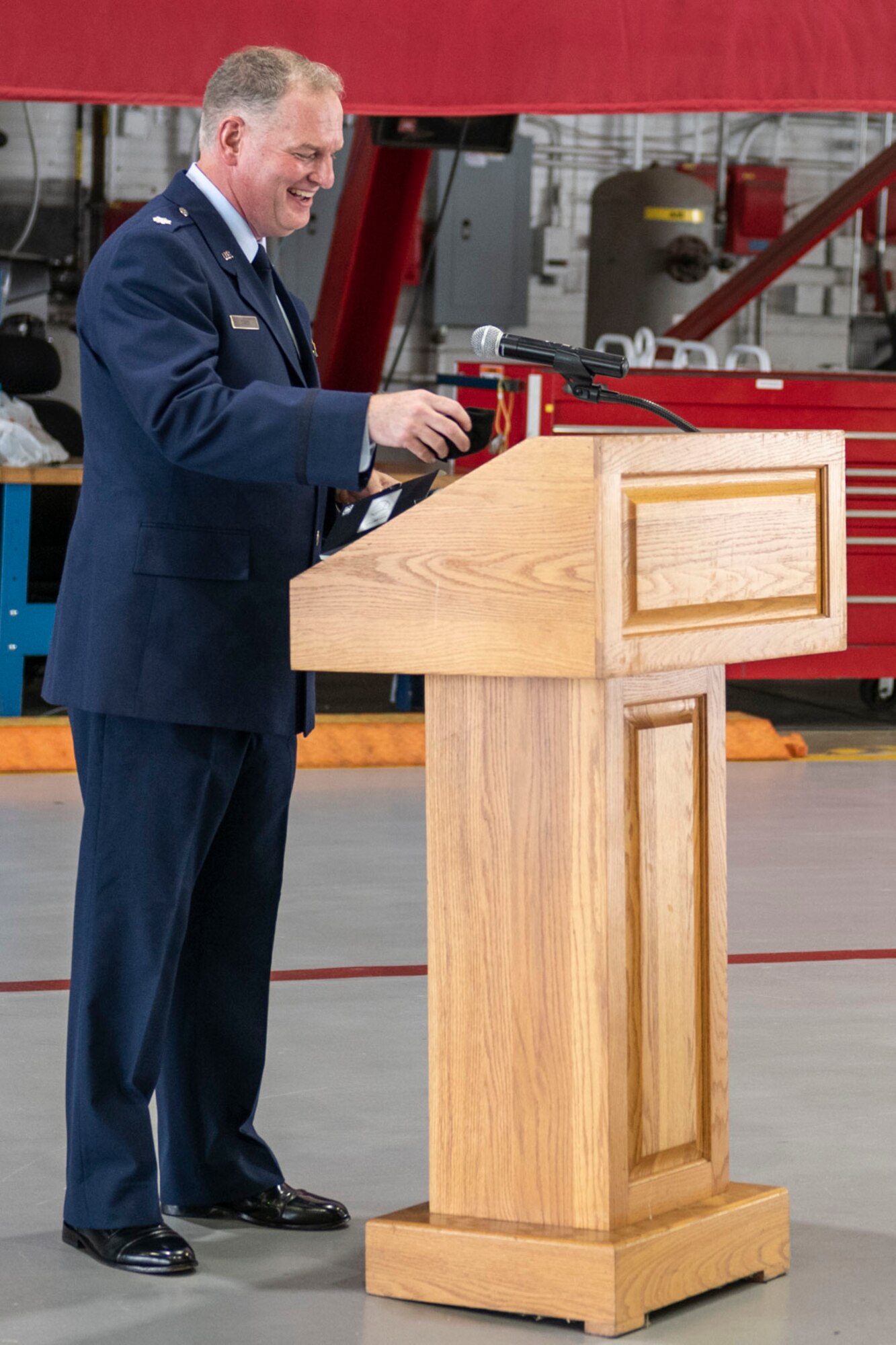 Lt. Col. Daniel Davis, 932nd Airlift Wing, incoming Operations Group commander, speaks during the 932nd Ops Group assumption of command ceremony, Scott Air Force Base, Illinois, Sept. 11, 2021. Davis joins the 932nd Ops Group from Tanker/Operations Support Airlift Requirements Office of the Air Force Reserve Headquarters, where he served as the chief. (U.S. Air Force Photo by Staff Sgt. Brooke Spenner)