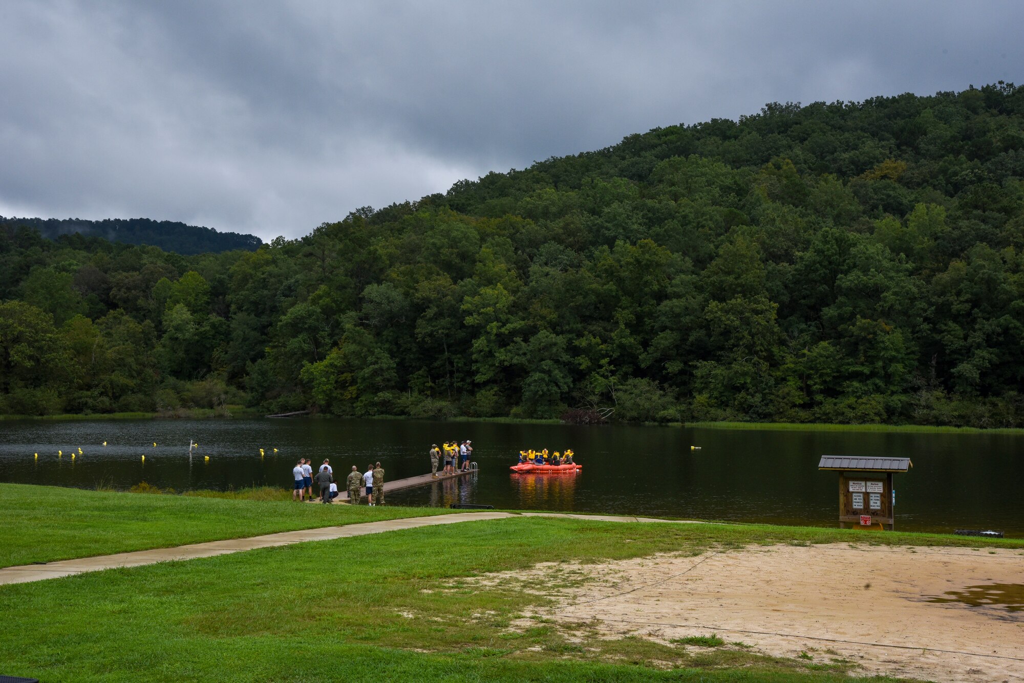 Airmen conduct water survival training.