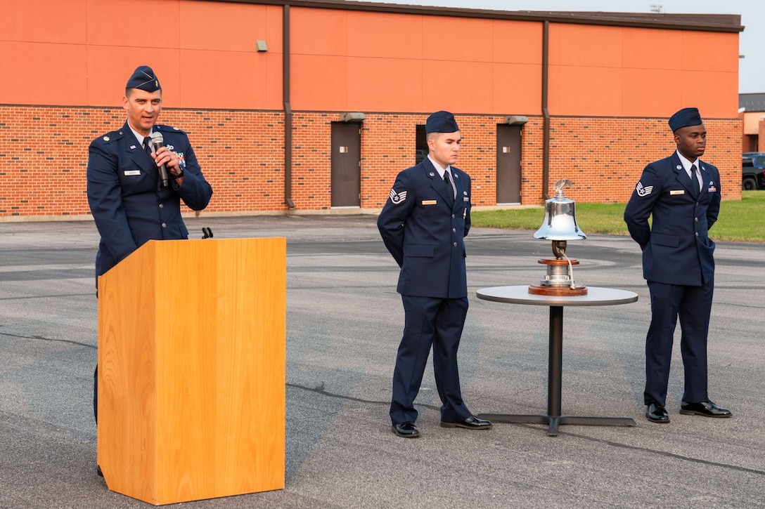 Maj. Jason Caranta, 932nd Civil Engineering Squadron, commander, speaks during a 9/11 remembrance ceremony, Scott Air Force Base, Illinois, Sept. 11, 2021. 932nd CES held a remembrance ceremony with the symbolic “Ringing of the Fire Department Bell”, to honor the fallen. (U.S. Air Force Photo by Staff Sgt. Brooke Spenner)