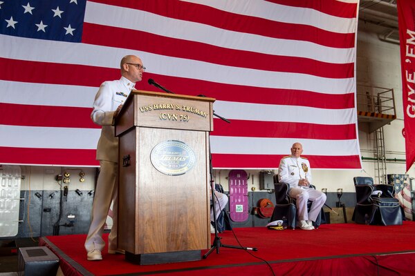 U.S. Fleet Forces Command Fleet Master Chief Rick O'Rawe speaks to friends and family during his retirement ceremony on board USS Harry S. Truman (CVN 75) in Norfolk, Va., September 2, 2021.