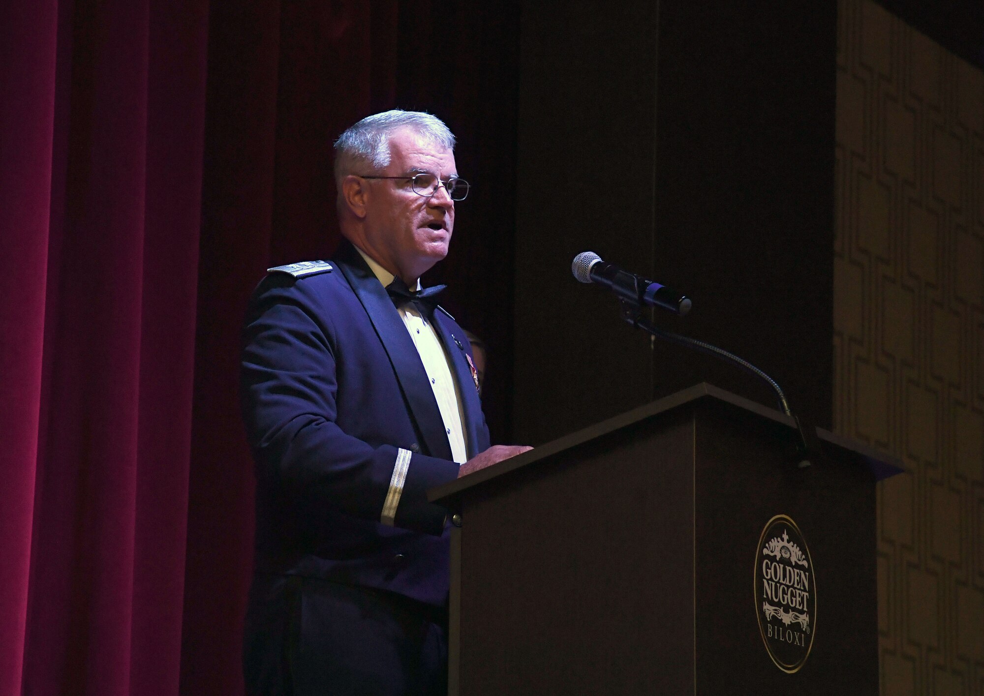 U.S. Air Force Retired Maj. Gen. James Martin, Mississippi State University associate vice president for corporate engagement and economic development, delivers remarks during the Keesler Air Force Ball inside the Golden Nugget Casino, Biloxi, Mississippi, Sept. 18, 2021. The event, which celebrated the Air Force�s 74th birthday, also included a cake cutting ceremony. (U.S. Air Force photo by Kemberly Groue)