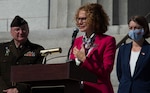 North Macedonia Defense Minister Radmila Sekerinska speaks at a press conference on the steps of the Vermont State Capitol in Montpelier, Vermont, on Sept. 21, 2021. Also pictured are Maj. Gen. Greg Knight, Vermont's adjutant general, and Vermont Lt. Gov. Molly Gray. This visit from North Macedonia continues work that began earlier this summer to build upon the Vermont National Guard’s near 30 year military partnership to include a whole-of-state partnership. (U.S. Army National Guard photo by Don Branum)