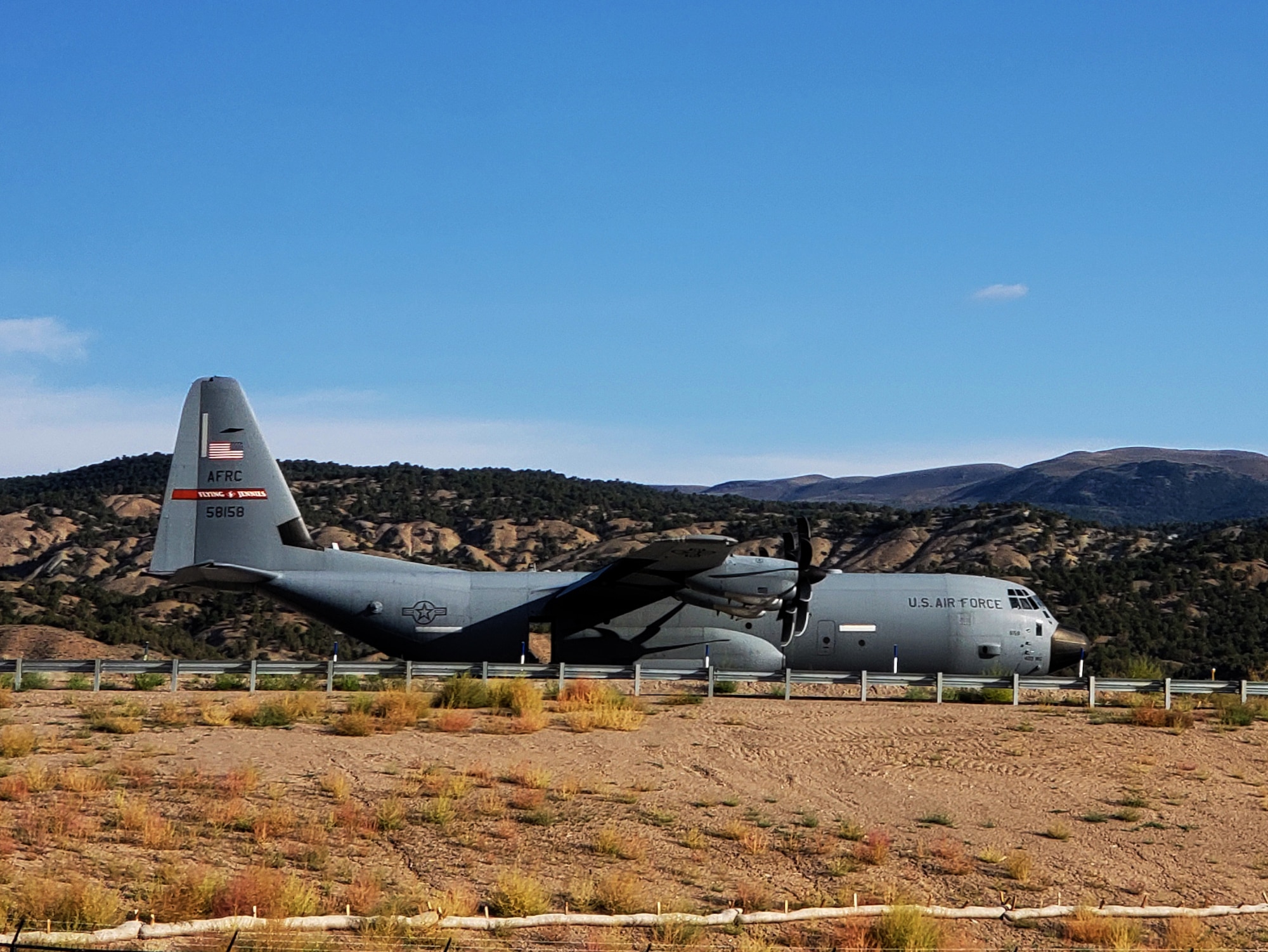 The 815th Airlift Squadron C-130J Super Hercules parked after landing at the Vail Valley Jet Center, Gypsum, Colorado after the airdrop at Taylor Park, Colorado during the 22nd Air Force’s flagship exercise Rally in the Rockies Sept. 13-17, 2021. The exercise is designed to develop Airmen for combat operations by challenging them with realistic scenarios that support a full spectrum of operations during military actions, operations or hostile environments. (U.S. Air Force photo by Master Sgt. Jessica Kendziorek)