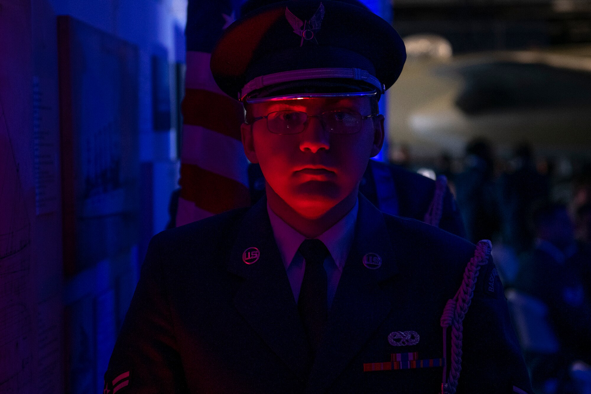 A1C Branson Taylor, Joint Base Charleston honor guard member prepares to present the colors aboard the USS YORKTOWN at Patriot’s Point, Mount Pleasant, South Carolina, Sept. 17, 2021. The Air Force Ball is a tradition to celebrate and honor the heritage of the service. This year marked the 74th birthday of the Air Force.