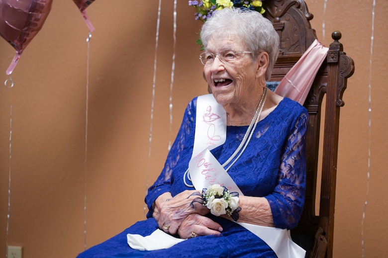 Fran Harris, former secretary for the Base Supply commander at Ellsworth Air Force Base, S.D., enjoys her 100th Birthday party at Rapid City, S.D., Sept. 11, 2021.