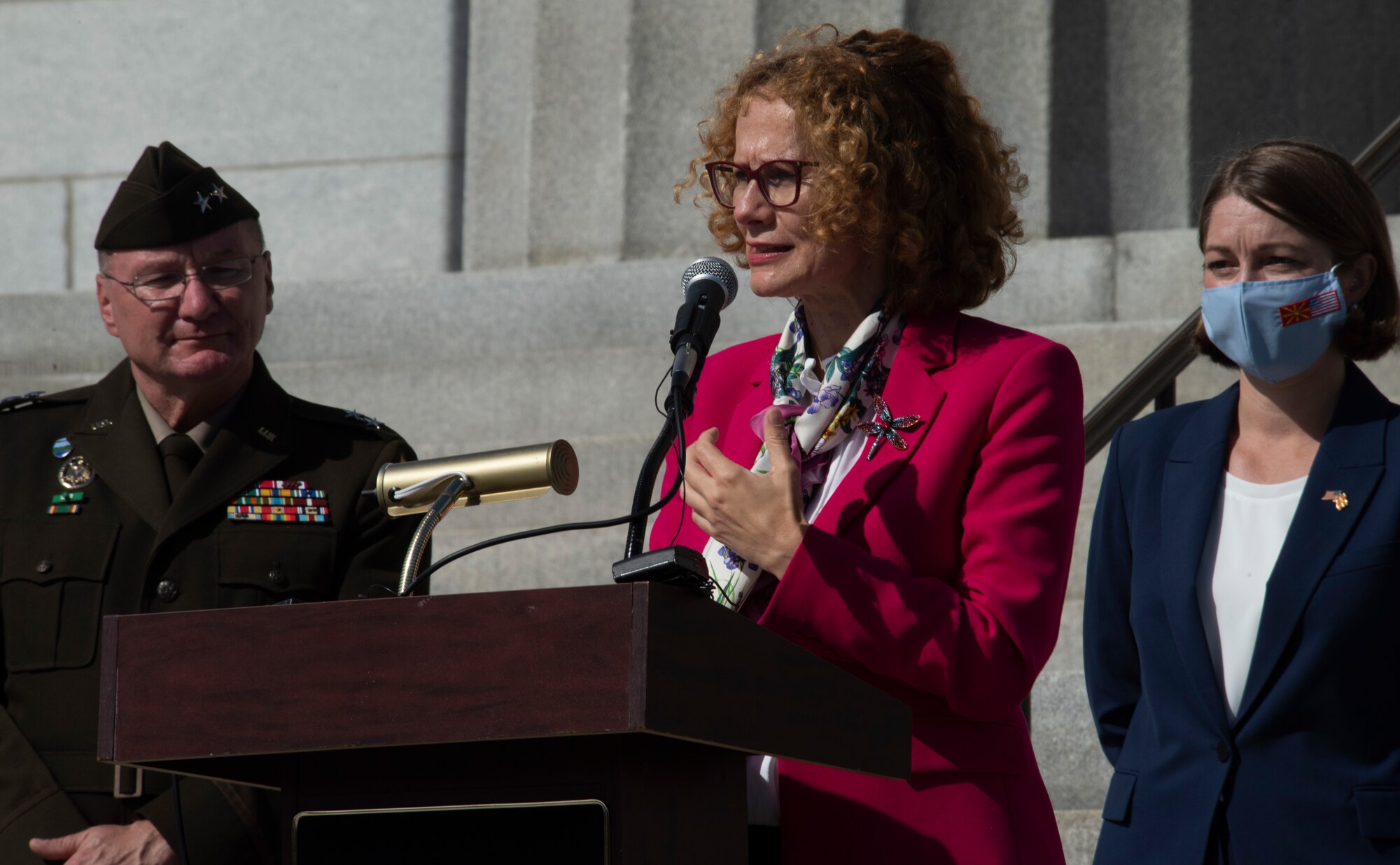 North Macedonia Defense Minister Radmila Sekerinska speaks at a press conference on the steps of the Vermont State Capitol in Montpelier, Vermont, on Sept. 21, 2021. Also pictured are Maj. Gen. Greg Knight, Vermont's adjutant general, and Vermont Lt. Gov. Molly Gray. This visit from North Macedonia continues work that began earlier this summer to build upon the Vermont National Guard’s near 30 year military partnership to include a whole-of-state partnership. (U.S. Army National Guard photo by Don Branum)