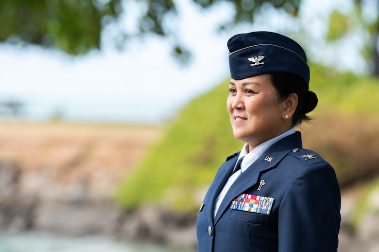 Col. Leah Boling, 154th Wing chaplain, delivers a virtual prayer invocation June 2, 2021, at Joint Base Pearl Harbor-Hickam-Hawaii. Boling became the first Asian American and Pacific Islander female promoted to the rank of colonel within the U.S. Air Force Chaplain Corps. (U.S. Air National Guard photo by Staff Sgt. John Linzmeier)