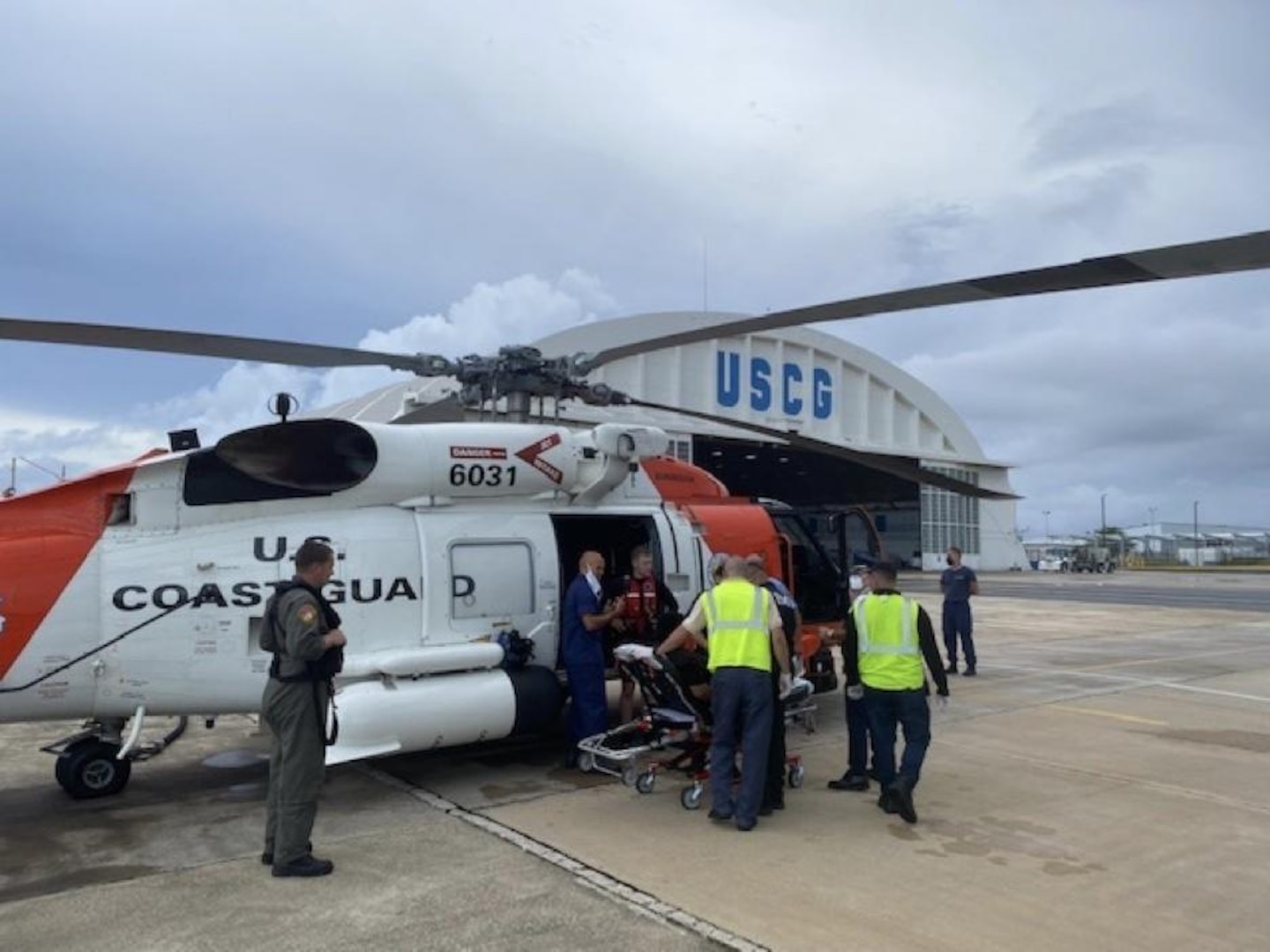 The crew of a Coast Guard Air Station Borinquen MH-60 Jayhawk helicopter rescued a swimmer in distress just off Rompe Olas Beach near downtown Aguadilla Sept. 13, 2021. The Coast Guard aircrew deployed their rescue swimmer and a rescue basket to recover the survivor, a woman in her mid thirties, who was flown to Air Station Borinquen, where Emergency Medical Service personnel evaluated her condition before being released after not presenting an injury or medical concern. (U.S. Coast Guard photo)