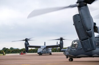 Two CV-22A Ospreys assigned to the 352d Special Operations Wing prepare to take off during an Agile Combat Employment exercise at RAF Fairford, England, Sept. 13, 2021. The exercise enables U.S. forces in Europe to operate from locations with varying levels of capacity and support. This further ensures Airmen and aircrews are postured to deliver lethal combat power across the full spectrum of military operations.(U.S. Air Force photo by Senior Airman Eugene Oliver)