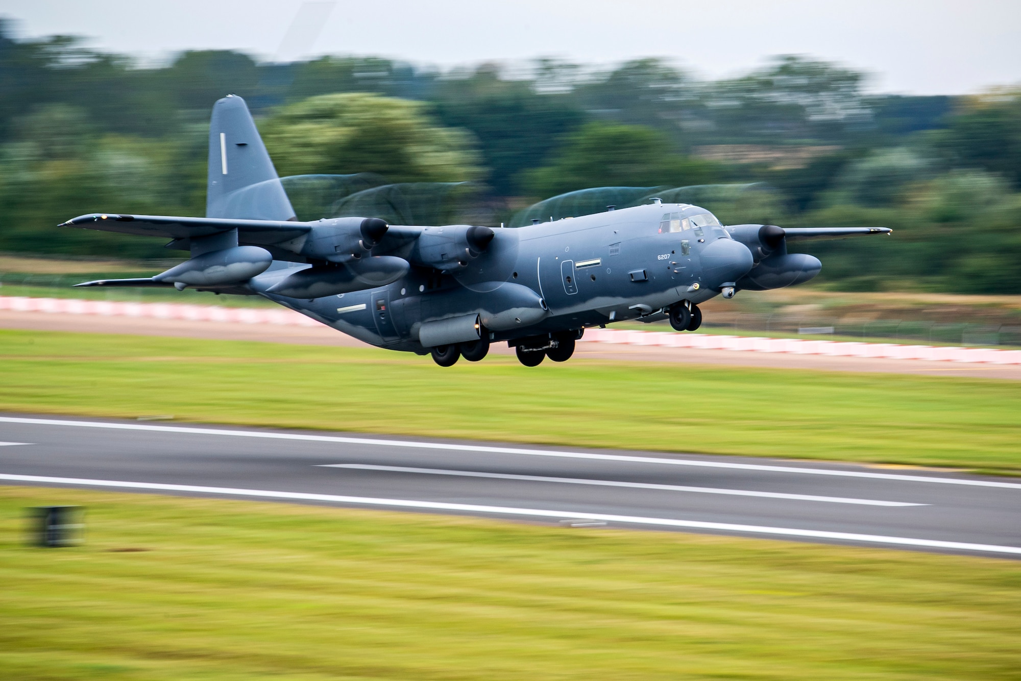An MC-130J Commando II assigned to the 352d Special Operations Wing takes off during an Agile Combat Employment exercise at RAF Fairford, England, Sept. 13, 2021. Airmen from the 501st Combat Support Wing, 100th Air Refueling Wing and 352d SOW partnered to conduct an ACE exercise to test their overall readiness and lethality capabilities. The exercise enables U.S. forces in Europe to operate from locations with varying levels of capacity and support. (U.S. Air Force photo by Senior Airman Eugene Oliver)