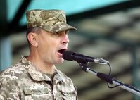 Ukrainian Brig. Gen. Vladyslav Klochkov, co-director of Rapid Trident 21 from the Ukrainian Land Forces, speaks to a multinational force during the opening ceremony for Rapid Trident 21, an annual Ukrainian-American training exercise, Sept. 20, at Central City Stadium, near Yavoriv, Ukraine.