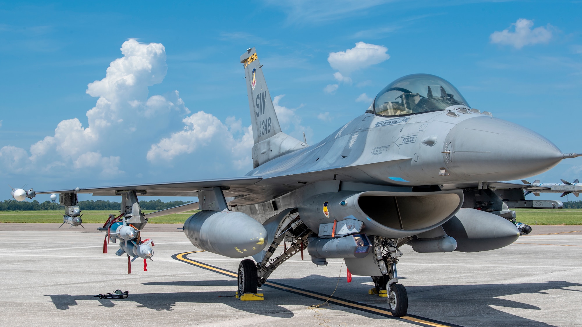 A U.S. Air Force F-16 Fighting Falcon aircraft sits parked on flight line at MacDill Air Force Base, Sept. 8, 2021.
