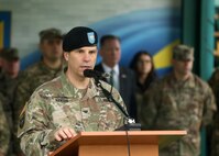 U.S. Army Col. Michael Hanson, co-director of Rapid Trident 21 from the U.S. Army, speaks to a multinational force during the opening ceremony for Rapid Trident 21, an annual Ukrainian-American training exercise, Sept. 20, at Central City Stadium.