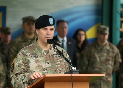 U.S. Army Col. Michael Hanson, co-director of Rapid Trident 21 from the U.S. Army, speaks to a multinational force during the opening ceremony for Rapid Trident 21, an annual Ukrainian-American training exercise, Sept. 20, at Central City Stadium.