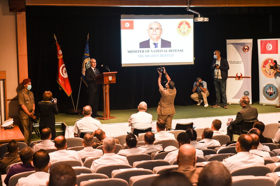 TUNIS, Tunisia (May 28, 2021) Tunisian Minister of National Defence, Brahim Bertégi, gives remarks at the closing ceremony for exercise Phoenix Express 2021 in Tunis, Tunisia, May 28,2021. Exercise Phoenix Express 2021, conducted by U.S. Naval Forces Africa, is a maritime exercise designed to improve cooperation among participating nations in order to increase maritime safety and security in the Mediterranean. (U.S. Navy Photo by Mass Communication Specialist 1st Class Debra Thomas /Released)