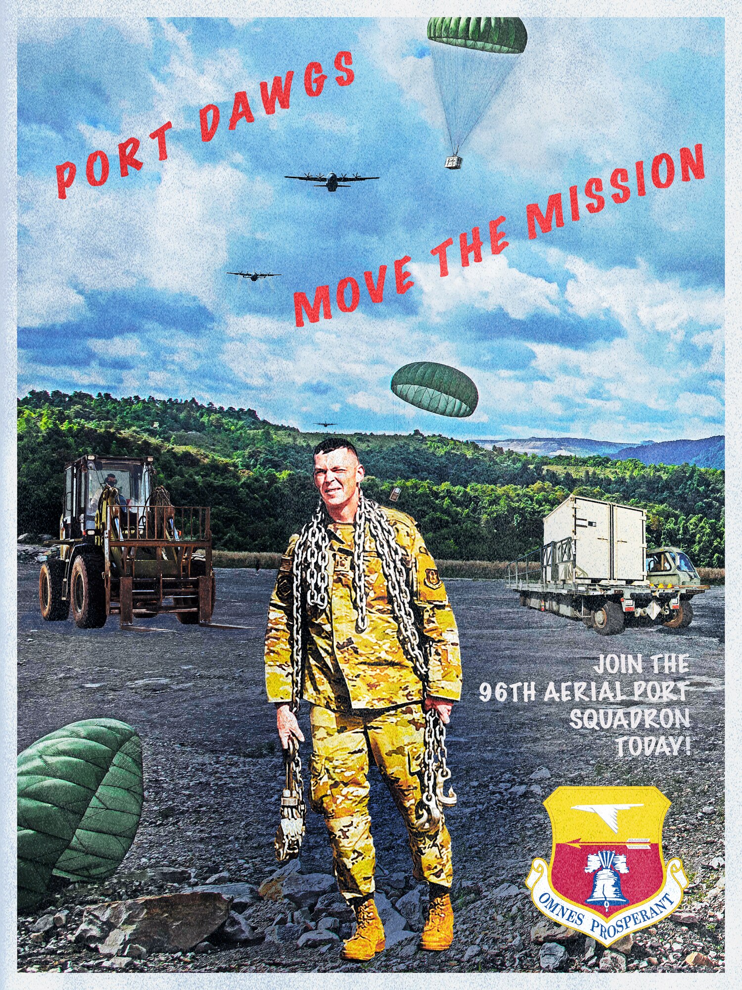 overlay of photos including an air transportation specialist, a fork lift, a K-loader, and C-130J cargo aircraft