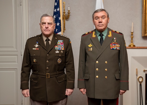 Chairman of the Joint Chiefs of Staff Gen. Mark A. Milley meets with Chief of Russian General Staff Gen. Valery Gerasimov in Helsinki, Finland, Sep. 22, 2021. The two military leaders discussed regional conflicts, strategic stability, and other operational and strategic issues to enhance de-confliction and reduce risk. (DOD photo by U.S. Army Master Sgt. Chuck Burden)