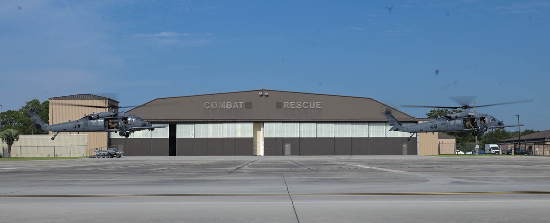 two helicopters hovering