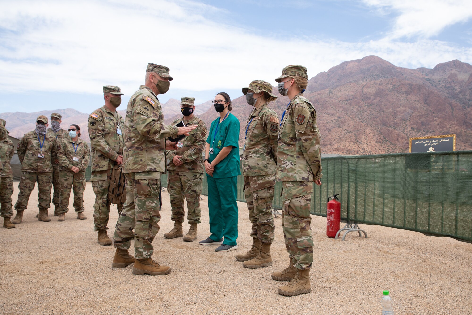 U.S. Army Maj. Gen. Michael Turley, adjutant general Utah National Guard, thanks Airmen working at Military Medical Surgical Field Hospital in Tafraoute, Morocco, June 16, 2021, as part of U.S. Africa Command’s African Lion 2021 exercise.