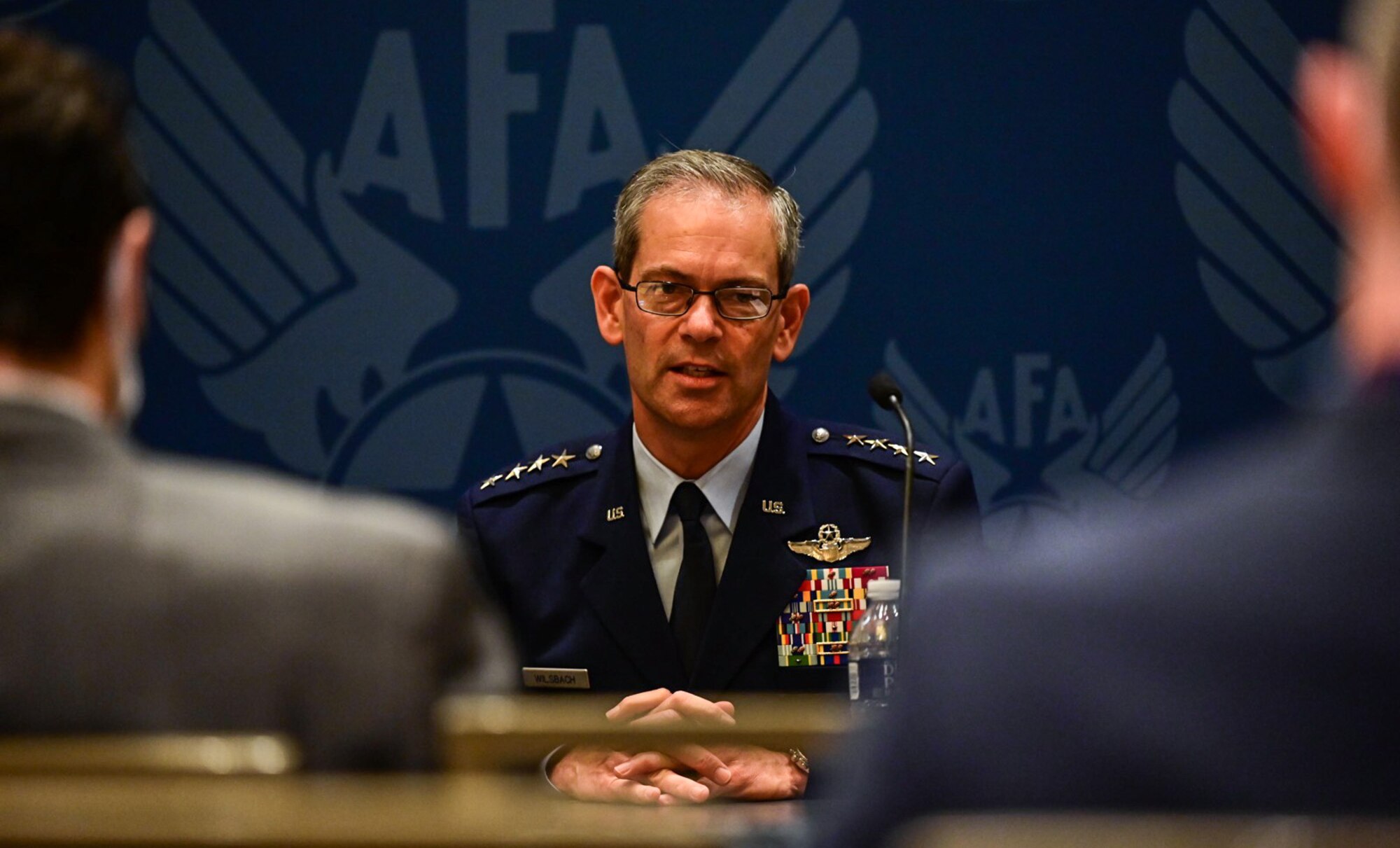 Gen. Ken Wilsbach, Pacific Air Forces commander, speaks with the media about agile combat employment, a free and open Indo-Pacific and the importance of Allies and Partners at Air Force Association’s Air, Space and Cyber Conference, National Harbor, Maryland, Sept. 21, 2021. Wilsbach took opportunities to speak with the media, think tank members and Air Force civic leaders about what great work PACAF Airmen are doing while answering their questions about how we are focused on competition and deterrence to keep a free and open Indo-Pacific. (U.S. Air Force photo by Staff Sgt. Hailey Haux)