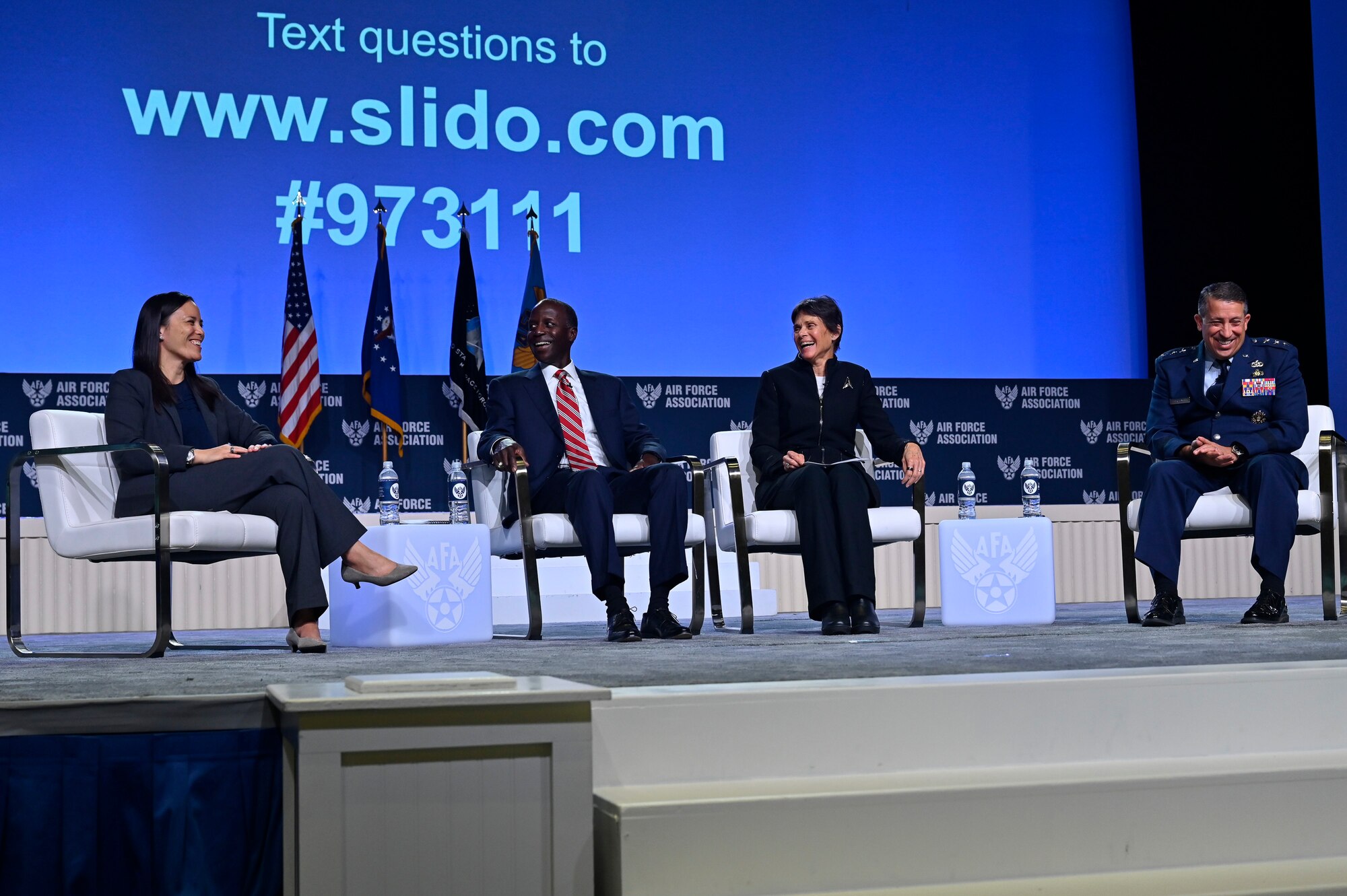 Under Secretary of the Air Force Gina Ortiz Jones, retired Gen. Edward Rice, former commander of Air Education and Training Command; Patricia Mulcahy, chief human capital officer for U.S. Space Force; and Air Force Lt. Gen. Brian Kelly, deputy chief of staff for manpower, personnel and services, discuss diversity and inclusion during the “It’s All About People” panel during the 2021 Air Force Association Air, Space and Cyber Conference in National Harbor, Md., Sept. 22, 2021. (U.S. Air Force photo by Eric Dietrich)