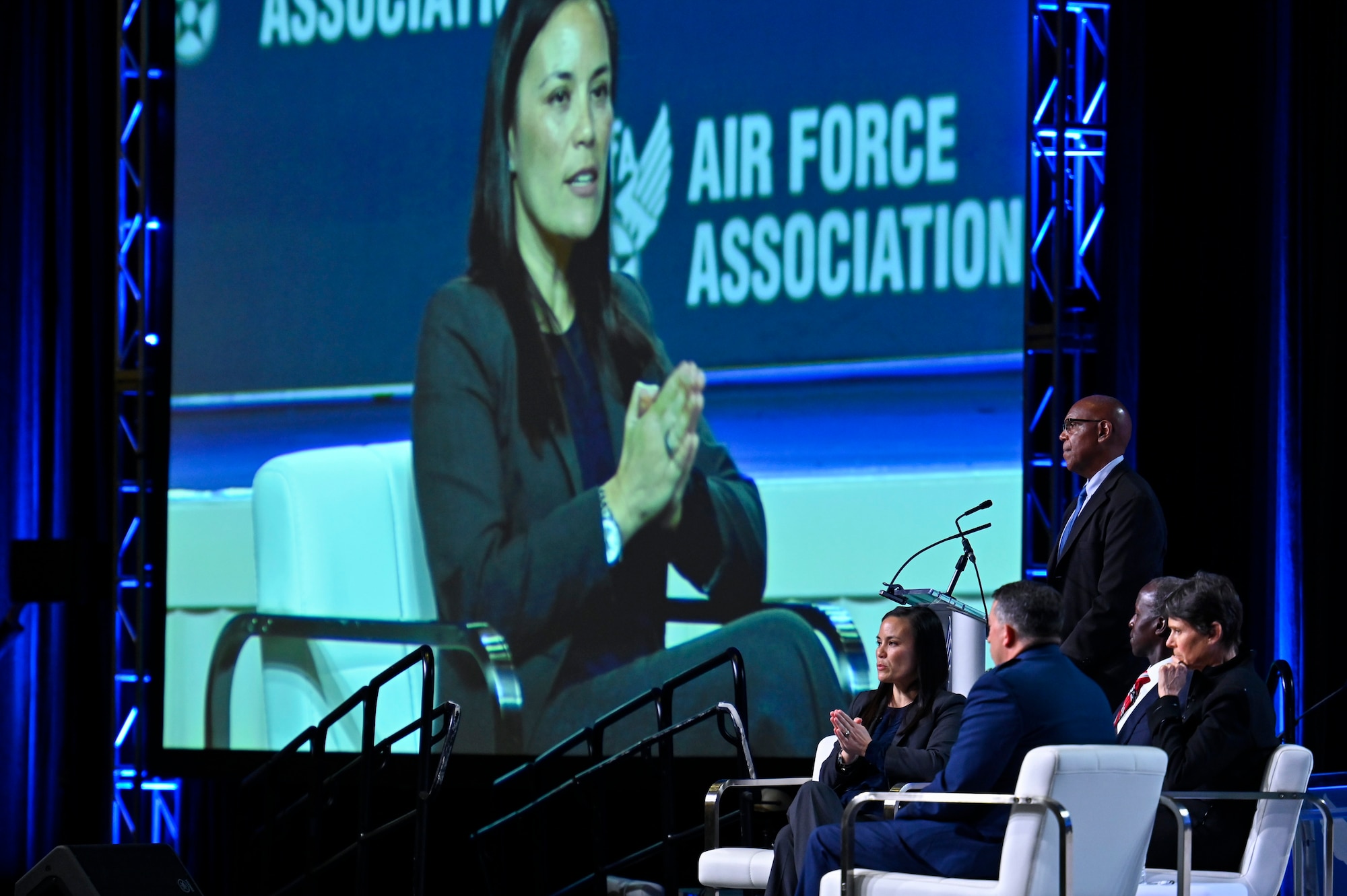 Under Secretary of the Air Force Gina Ortiz Jones makes remarks during the “It’s All About People” panel discussion at the 2021 Air Force Association Air, Space and Cyber Conference in National Harbor, Md., Sept. 22, 2021. Joining Jones were moderator Larry Spencer; retired Gen. Edward Rice, former commander of Air Education and Training Command; Patricia Mulcahy, U.S. Space Force chief human capital officer; and Air Force Lt. Gen. Brian Kelly, deputy chief of staff for manpower, personnel and services. (U.S. Air Force photo by Eric Dietrich)