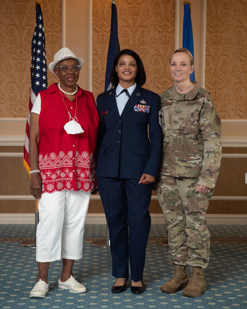 From left, Retired Senior Master Sgt. Dorothy May Tatem, Chief Master Sgt. Lawanda Jackson, 192nd Support Squadron Mobility Flight chief, and Brig. Gen. Toni M. Lord, Air Component Commander for the Virginia National Guard, pose for a photo at Jackson's promotion ceremony on July 10, 20221, at Joint Base Langley-Eustis, Virginia. Tatem was the first Black woman to enlist into the VaANG, Jackson the first Black female to make chief and Lord the first female to serve as ACC. (U.S. Air National Guard photo by Staff Sgt. Bryan Myhr)