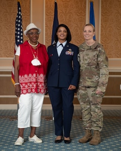 From left, Retired Senior Master Sgt. Dorothy May Tatem, Chief Master Sgt. Lawanda Jackson, 192nd Support Squadron Mobility Flight chief, and Brig. Gen. Toni M. Lord, Air Component Commander for the Virginia National Guard, pose for a photo at Jackson's promotion ceremony on July 10, 20221, at Joint Base Langley-Eustis, Virginia. Tatem was the first Black woman to enlist into the VaANG, Jackson the first Black female to make chief and Lord the first female to serve as ACC. (U.S. Air National Guard photo by Staff Sgt. Bryan Myhr)