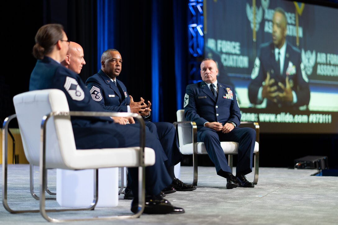 Chief Master Sgt. Timothy White speaks during the 2021 Air, Space & Cyberspace Conference Senior Enlisted Panel