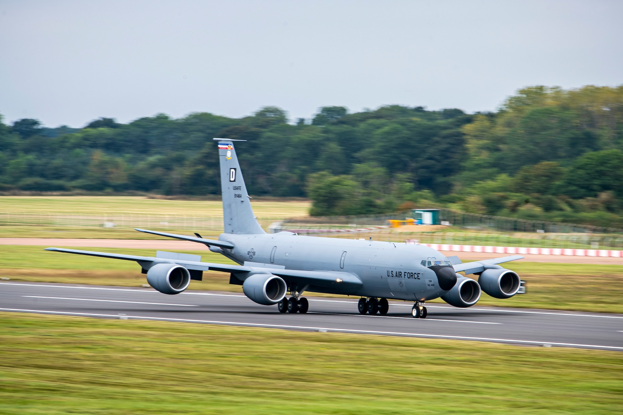 A KC-135 Stratotanker assigned to the 100th Air Refueling Wing lands during an Agile Combat Employment exercise at RAF Fairford, England, Sept. 13, 2021. The exercise enables U.S. forces in Europe to operate from locations with varying levels of capacity and support. This further ensures Airmen and aircrews are postured to deliver lethal combat power across the full spectrum of military operations. (U.S. Air Force photo by Senior Airman Eugene Oliver)