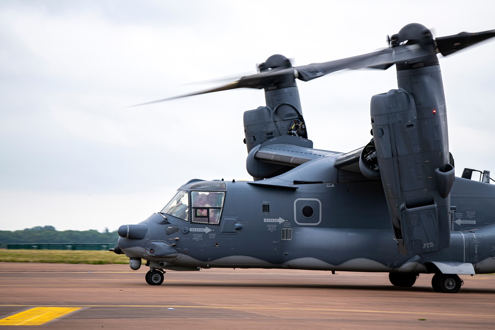 A CV-22A Osprey assigned to the 352d Special Operations Wing taxis on the flightline during an Agile Combat Employment exercise at RAF Fairford, England, Sept. 13, 2021. The exercise enables U.S. forces in Europe to operate from locations with varying levels of capacity and support. This further ensures Airmen and aircrews are postured to deliver lethal combat power across the full spectrum of military operations. (U.S. Air Force photo by Senior Airman Eugene Oliver)