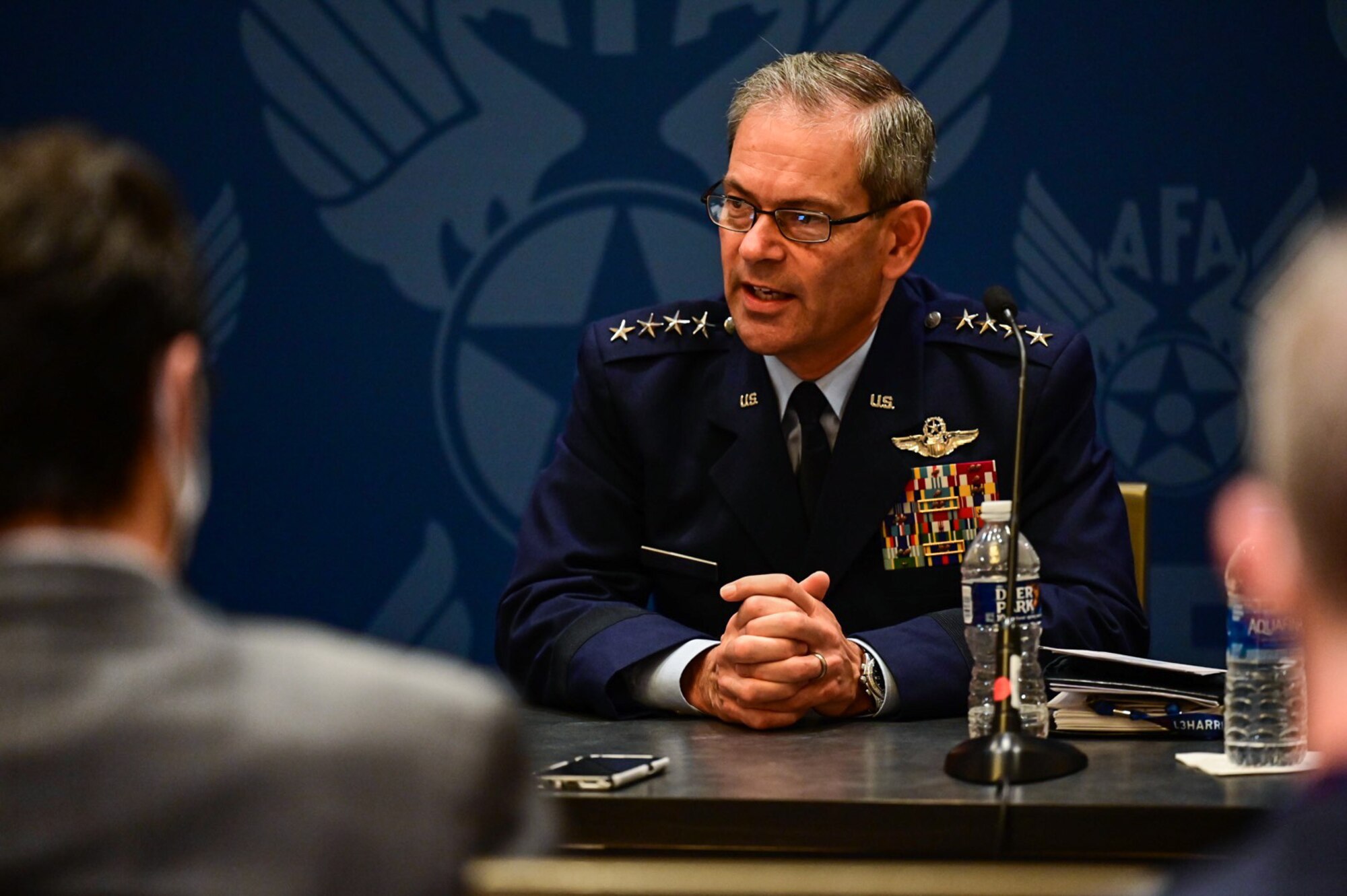 Gen. Ken Wilsbach, Pacific Air Forces commander, speaks with the media about agile combat employment, a free and open Indo-Pacific and the importance of Allies and Partners at Air Force Association’s Air, Space and Cyber Conference, National Harbor, Maryland, Sept. 21, 2021. Wilsbach took opportunities to speak with the media, think tank members and Air Force civic leaders about what great work PACAF Airmen are doing while answering their questions about how we are focused on competition and deterrence to keep a free and open Indo-Pacific. (U.S. Air Force photo by Staff Sgt. Hailey Haux)