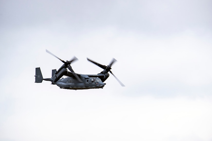 A CV-22A Osprey assigned to the 352d Special Operations Wing flies overhead during an Agile Combat Employment exercise at RAF Fairford, England, Sept. 13, 2021. The exercise enables U.S. forces in Europe to operate from locations with varying levels of capacity and support. This further ensures Airmen and aircrews are postured to deliver lethal combat power across the full spectrum of military operations. (U.S. Air Force photo by Senior Airman Eugene Oliver)