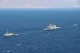 GULF OF AQABA (August 31, 2021) – Israeli Navy corvette INS Eilat (501), left, guided-missile cruiser USS Monterey (CG 61), center, and an Israeli Navy fast patrol boat transit in formation during a combined maritime security patrol in the Gulf of Aqaba, Aug. 31. Monterey is deployed to the U.S. 5th Fleet area of operations in support of naval operations to ensure maritime stability and security in the Central Region, connecting the Mediterranean and Pacific through the western Indian Ocean and three strategic choke points. (U.S. Navy photo by Naval Air Crewman 2nd Class Jesse Johnston)