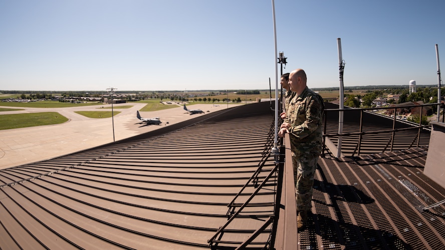 U.S. Air Force Tech. Sgt. Anthony Cooper, 375th OSS NCOIC of airflow manager operations, and Senior Airman Samir Ragih, 375th Operation Support Squadron airfield management shift lead, evaluate the runway on Scott Air Force Base, Illinois Sept. 8, 2021. The airfield management Airmen have to ensure that they focus on the attention to detail aspect of their skillset when evaluating the runway to catch potential hazards, or emergencies. (U.S. Air Force Photo by Airman 1st Class Isaac Olivera)