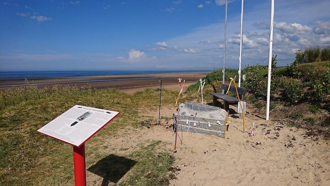 A World War II memorial on a beach in Normandy, France.