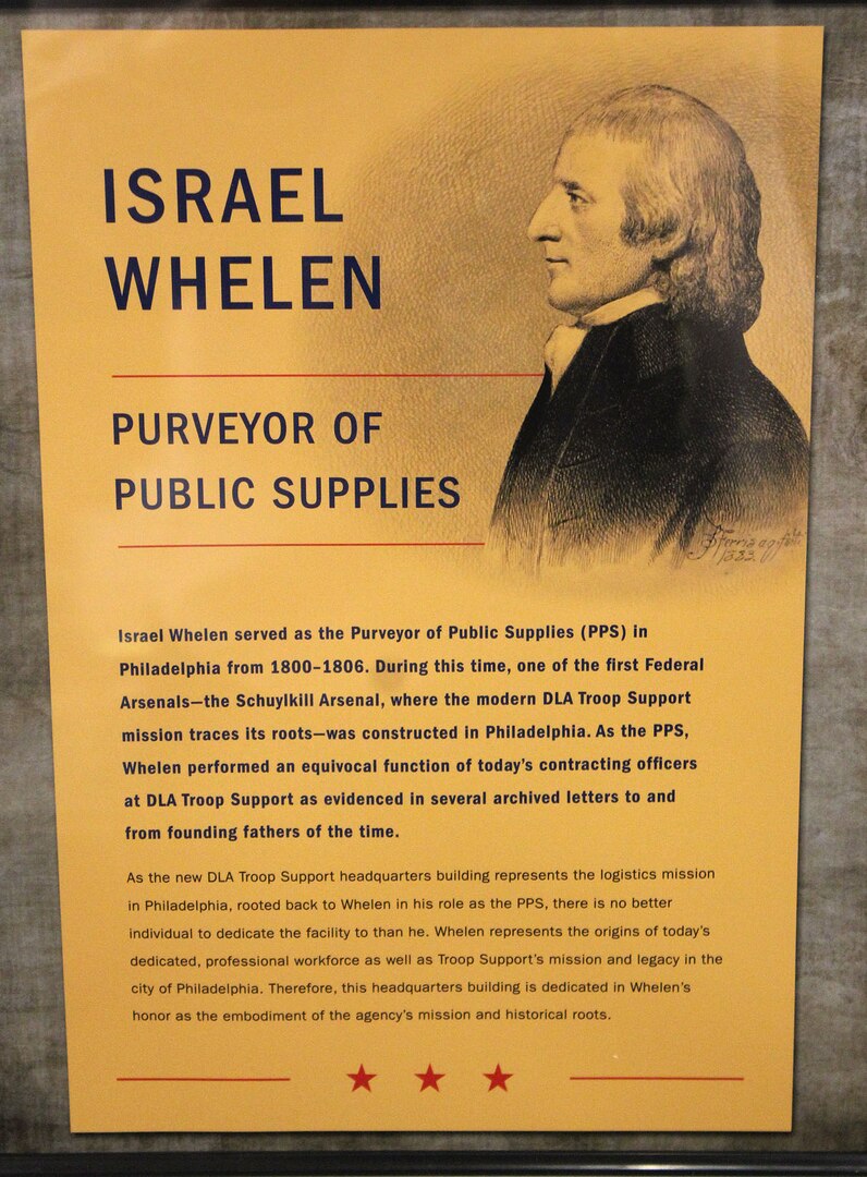 A black-and-white portrait-style image of a man facing left next to the words "Israel Whelen Purveyor of Public Supplies" and a description of his duties and connection to the Defense Logistics Agency Troop Support.