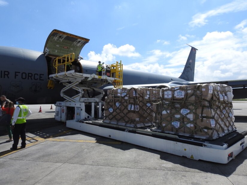 Medical supplies to help aid Nepal’s COVID-19 response are offloaded from a KC-135 Stratotanker from the Utah National Air Guard.